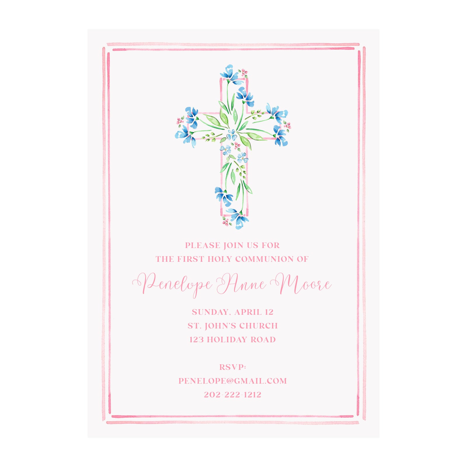 Blue Floral Cross- Christening Baptism Communion Cross Invitation