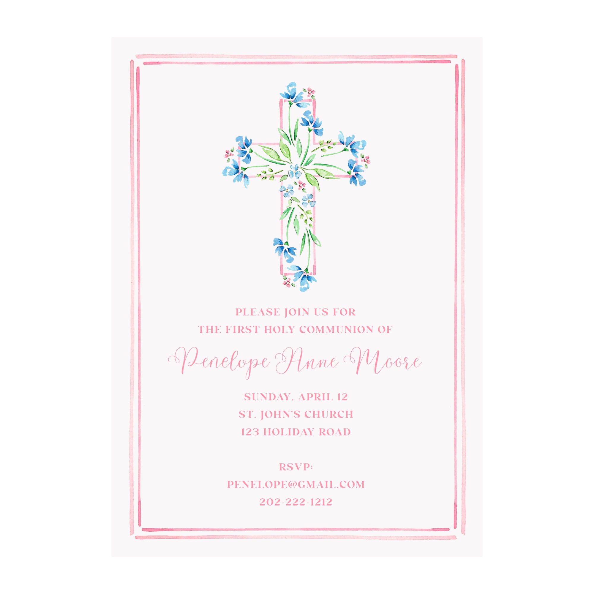 Blue Floral Cross- Christening Baptism Communion Cross Invitation