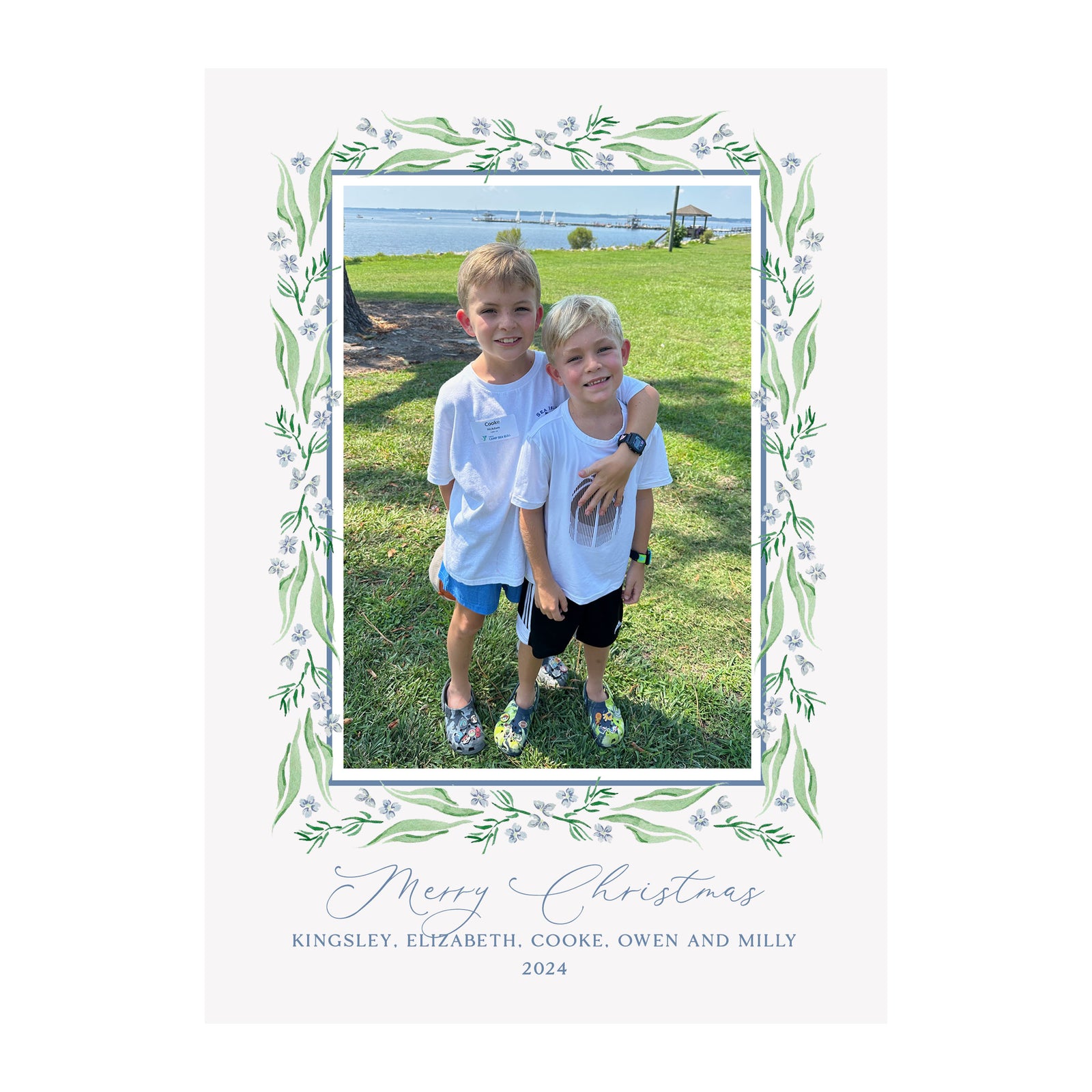 Blue Floral Garland Holiday Photo Cards