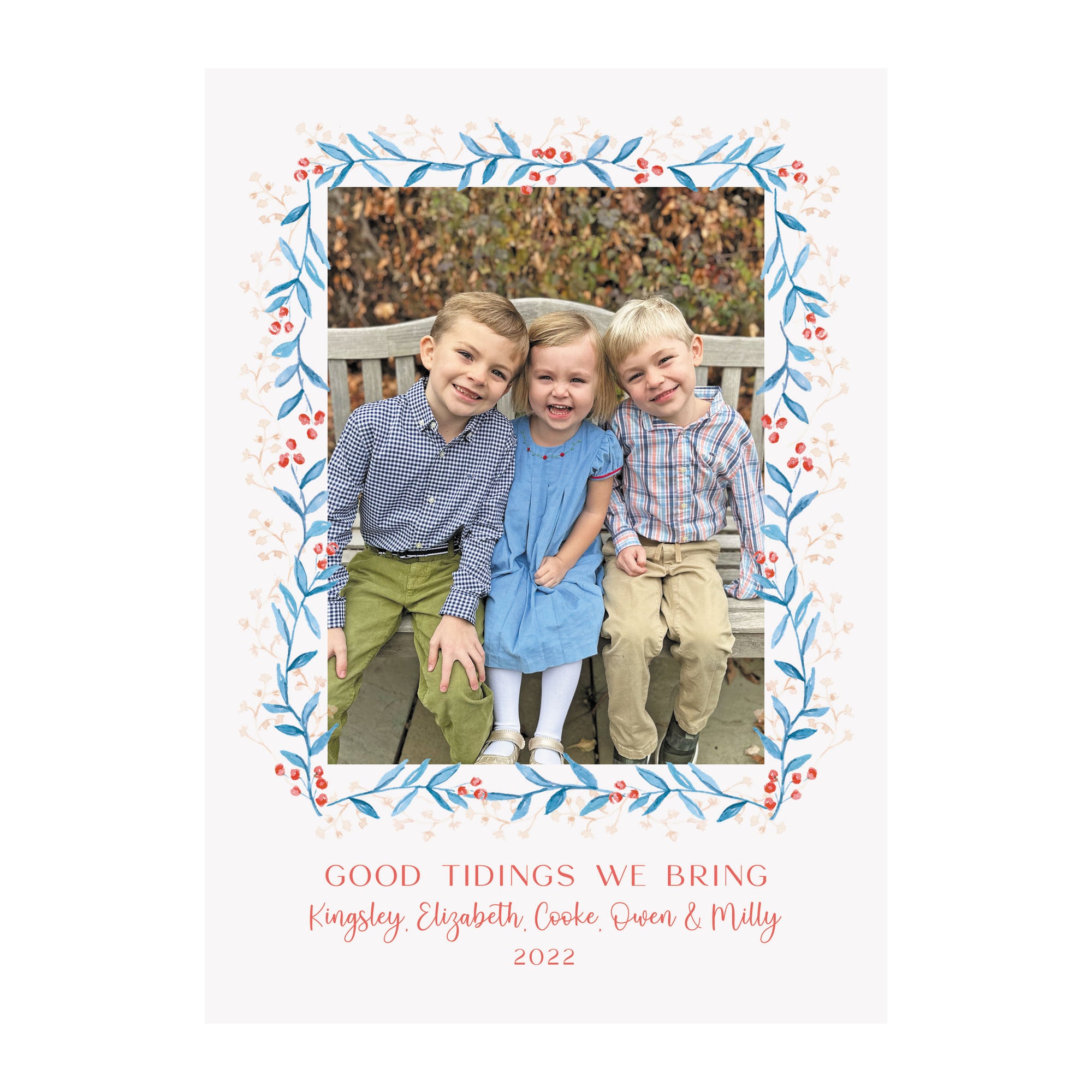 Garland Border Blue Holiday Photo Cards