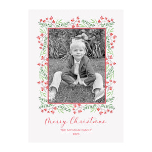 Red Flowers & Pine Garland Holiday Photo Cards