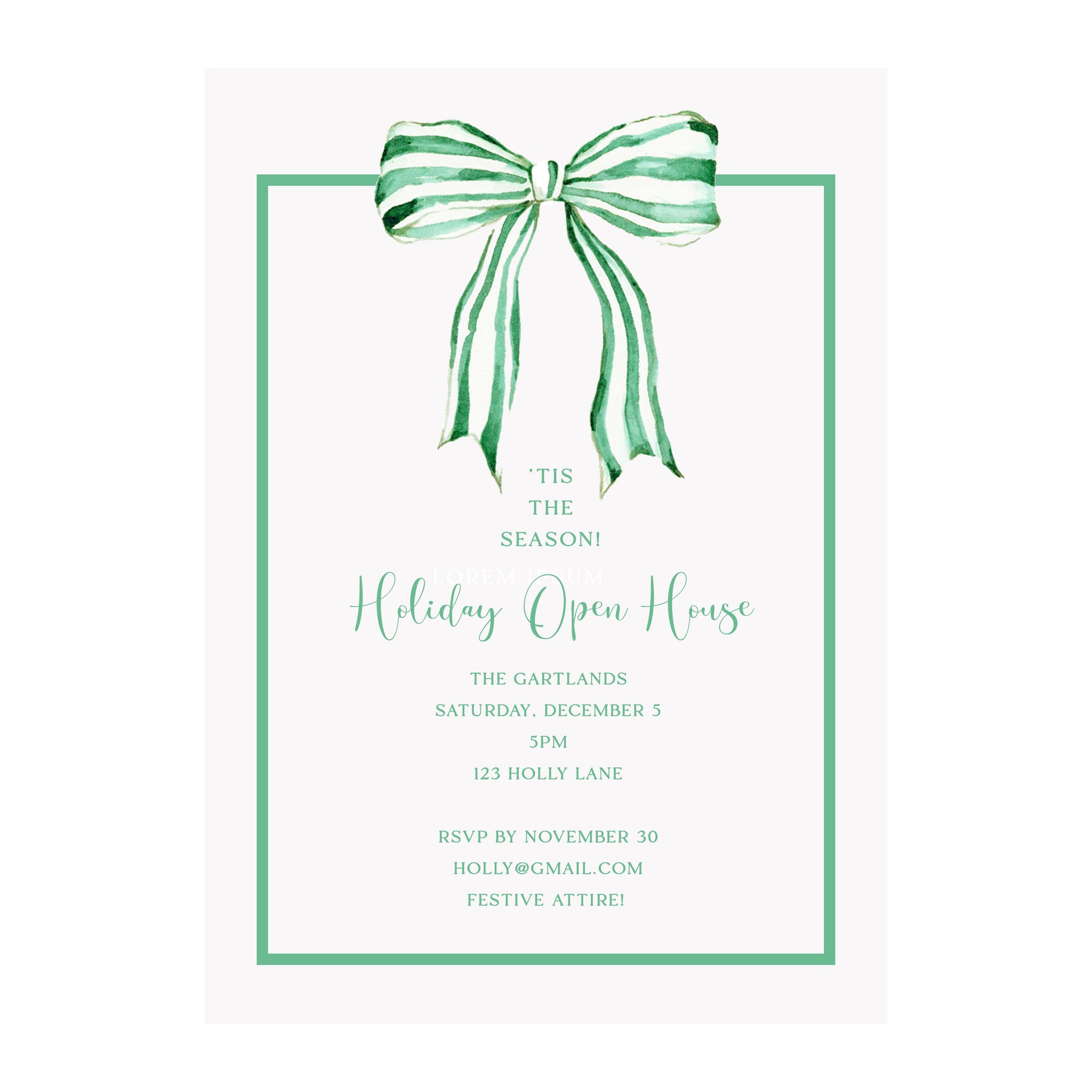 Green Striped Bow Holiday Party Invitation