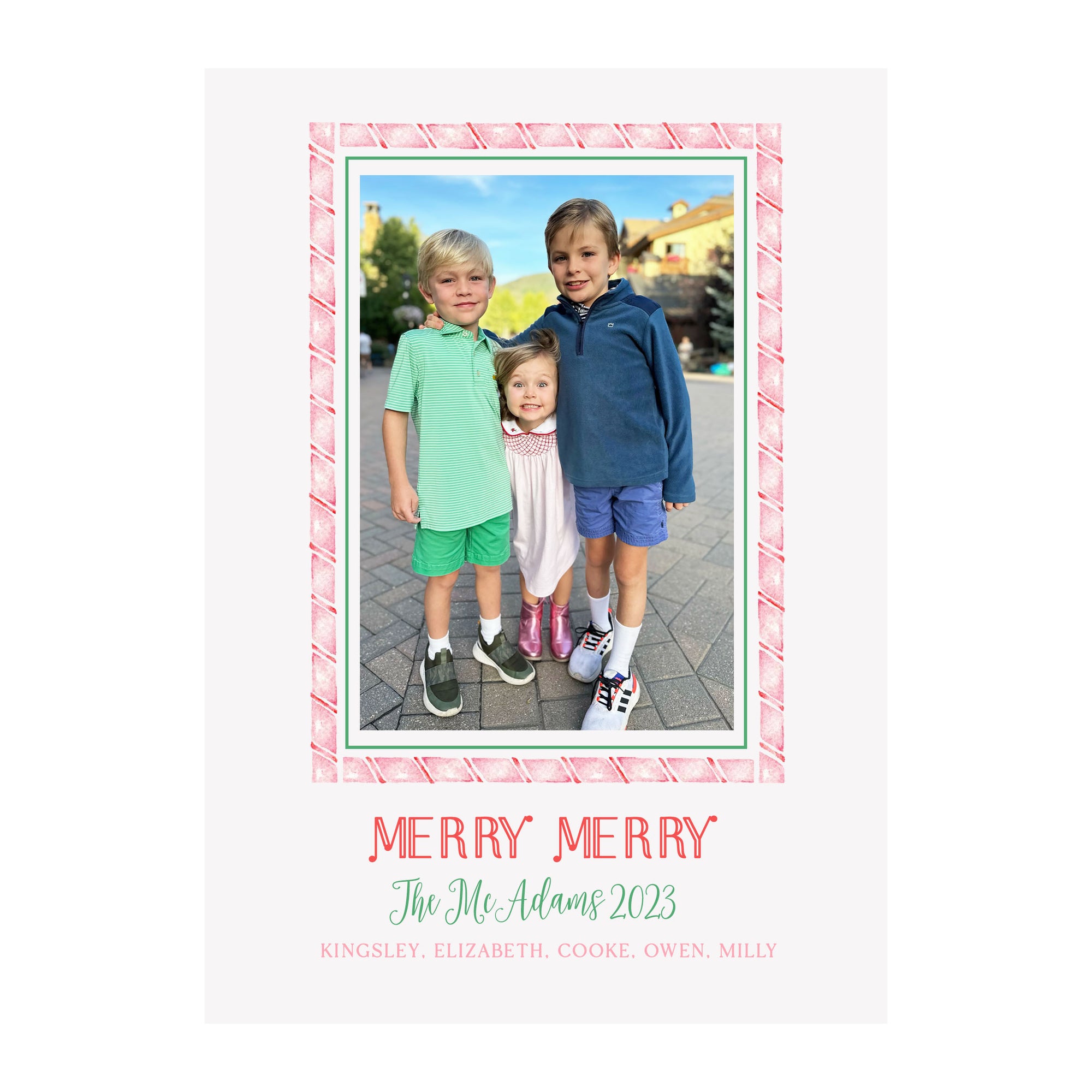 Pink Candy Cane Border Holiday Photo Cards