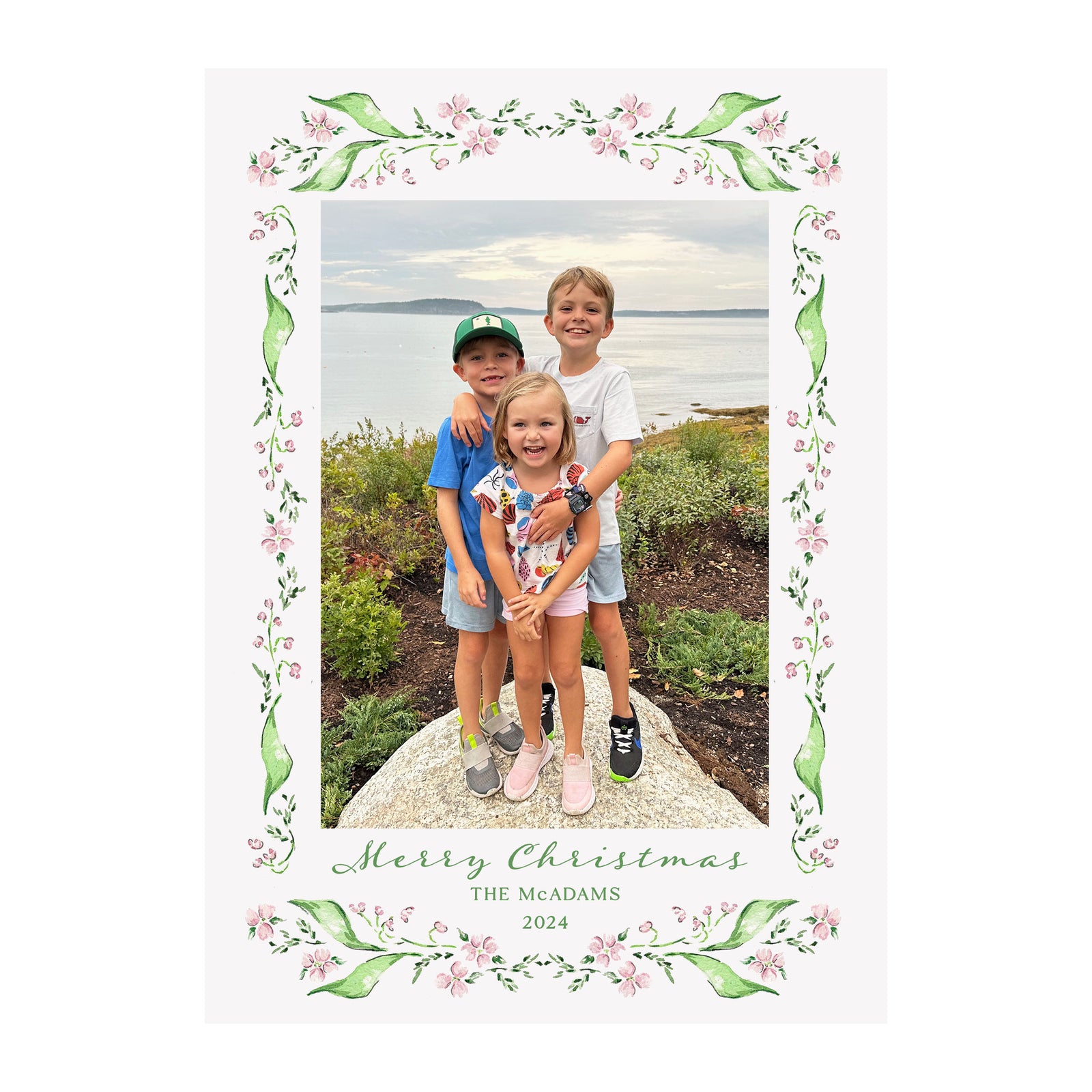 Pink Floral Garland Holiday Photo Cards