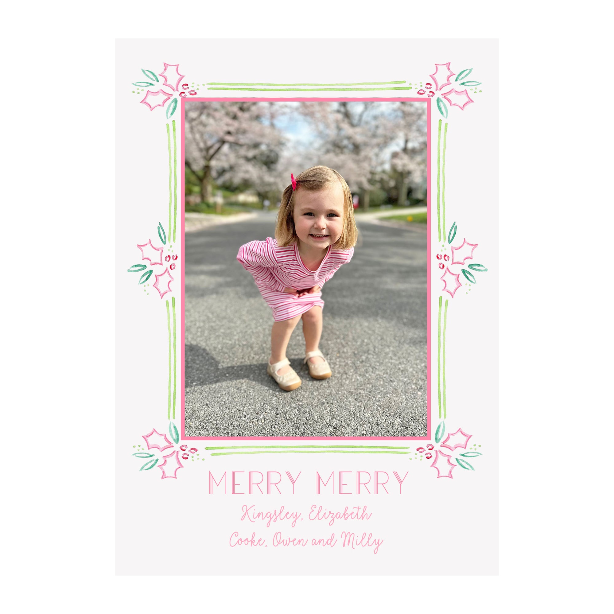 Pink Holly Border Holiday Photo Cards