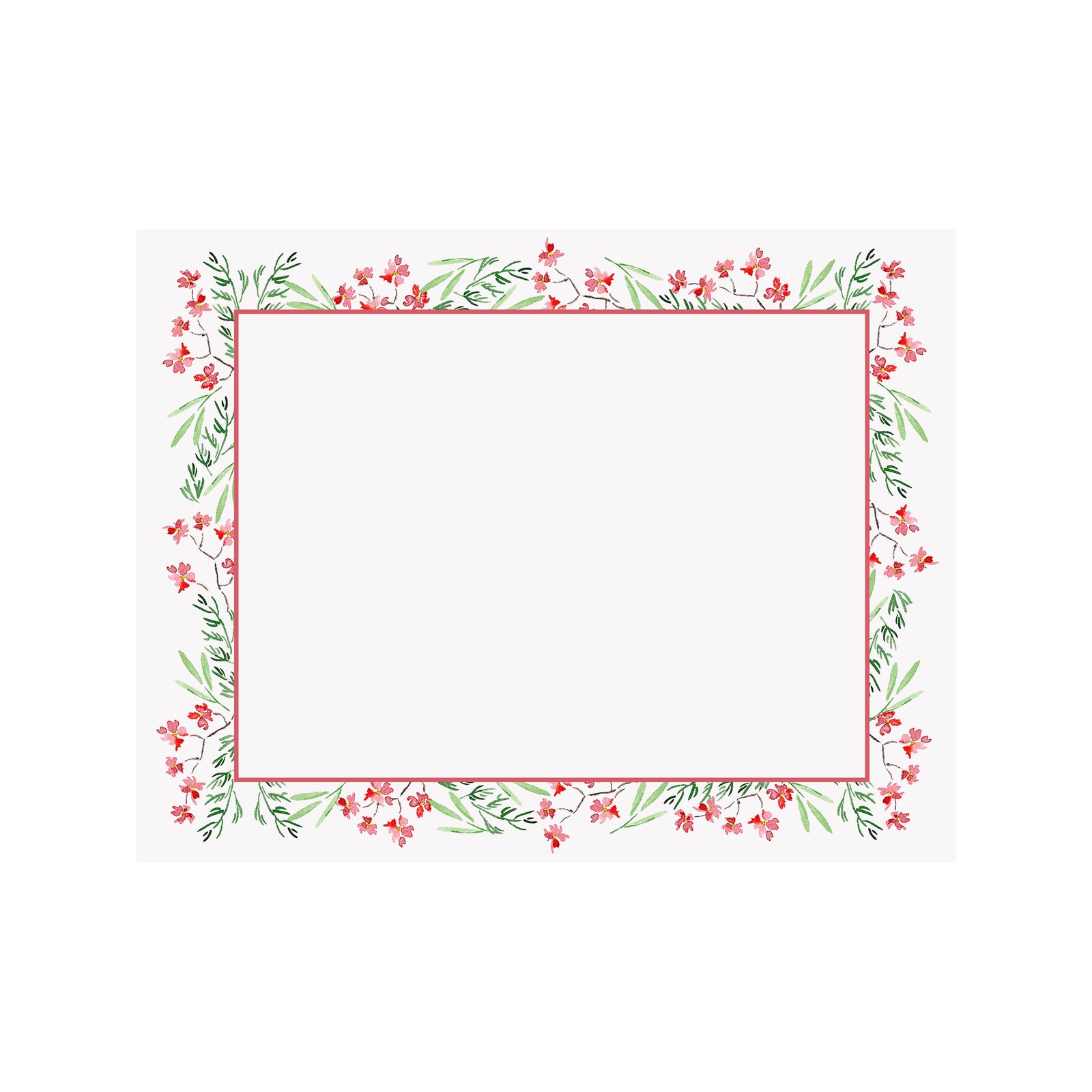 Red Flowers and Pine Border Holiday Note Card 
