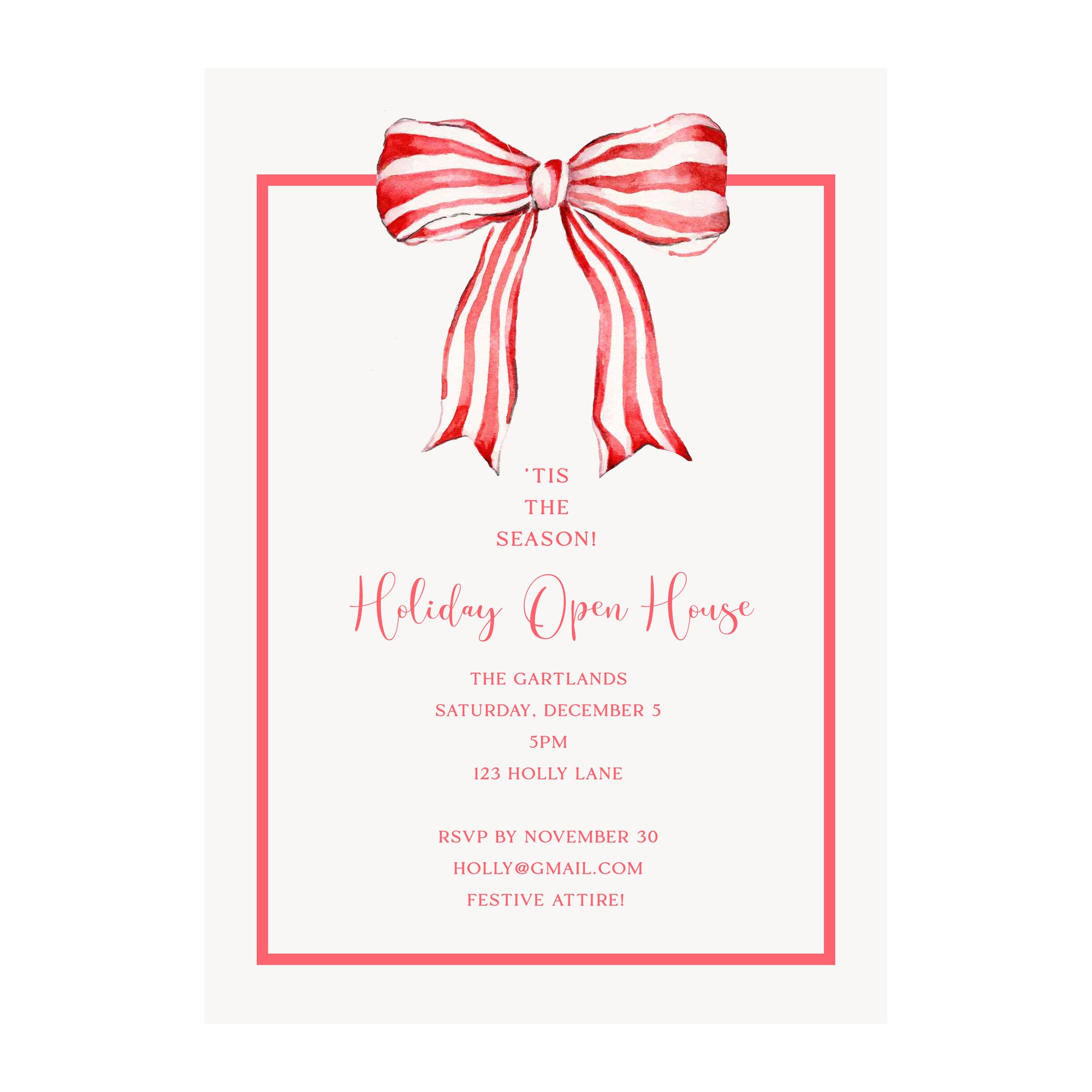 Red Striped Bow Holiday Party Invitation