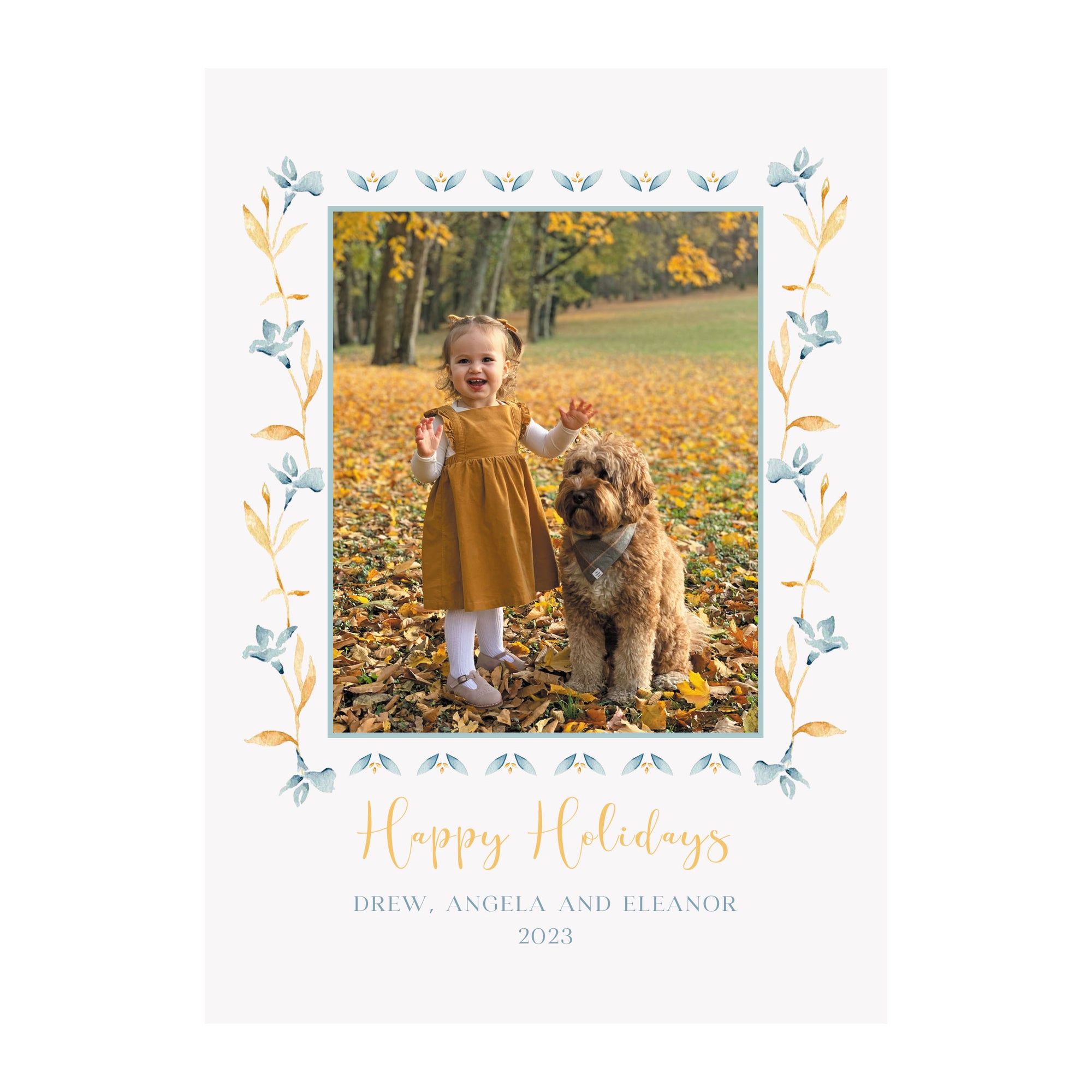 Gold & Blue Floral Border Holiday Photo Cards