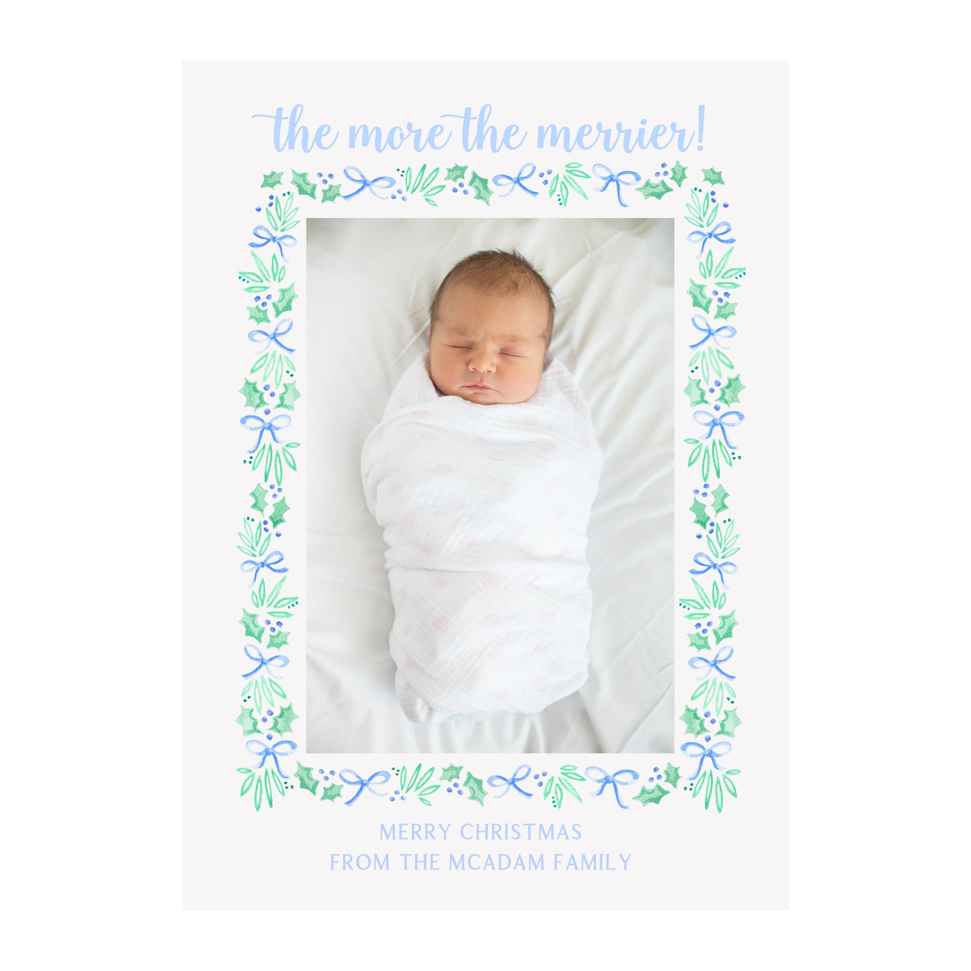 Bow Garland Blue Holiday Photo Cards