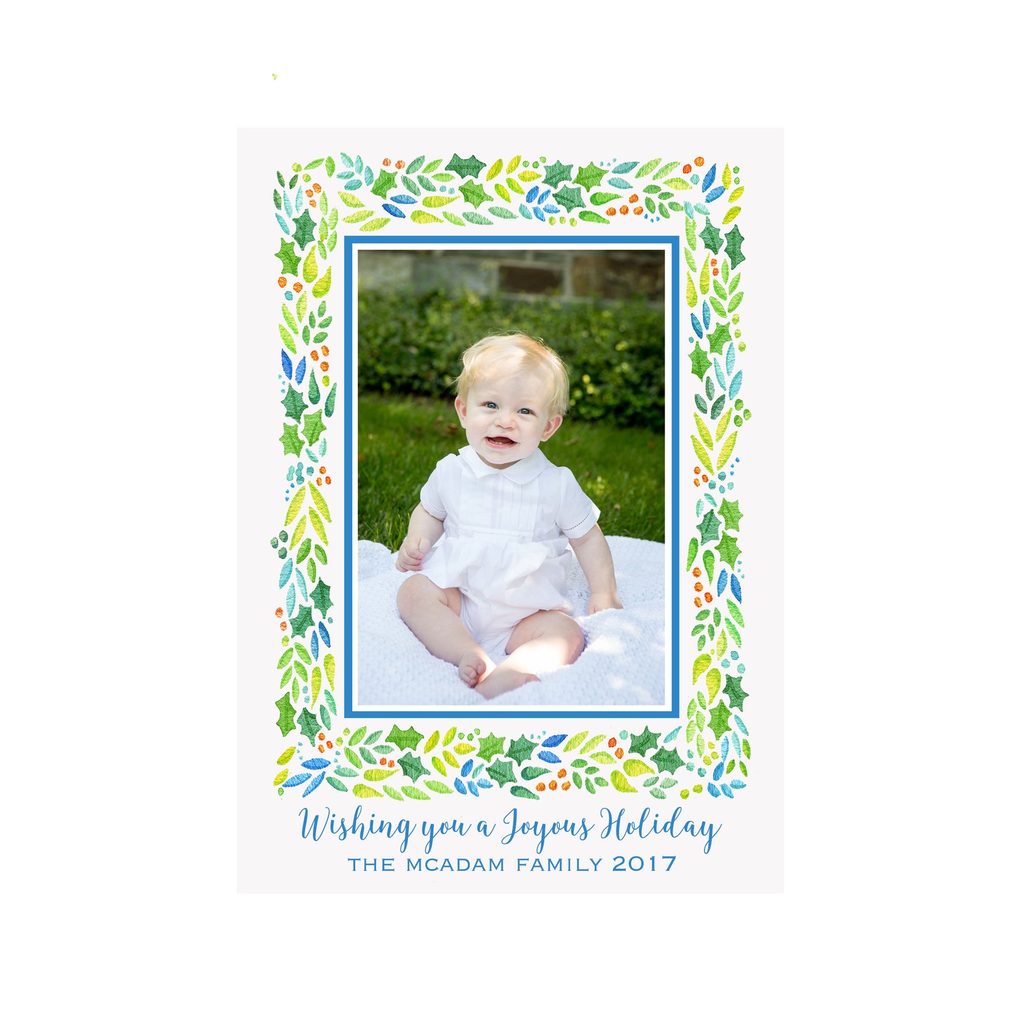 Blue Garland Holiday Photo Cards