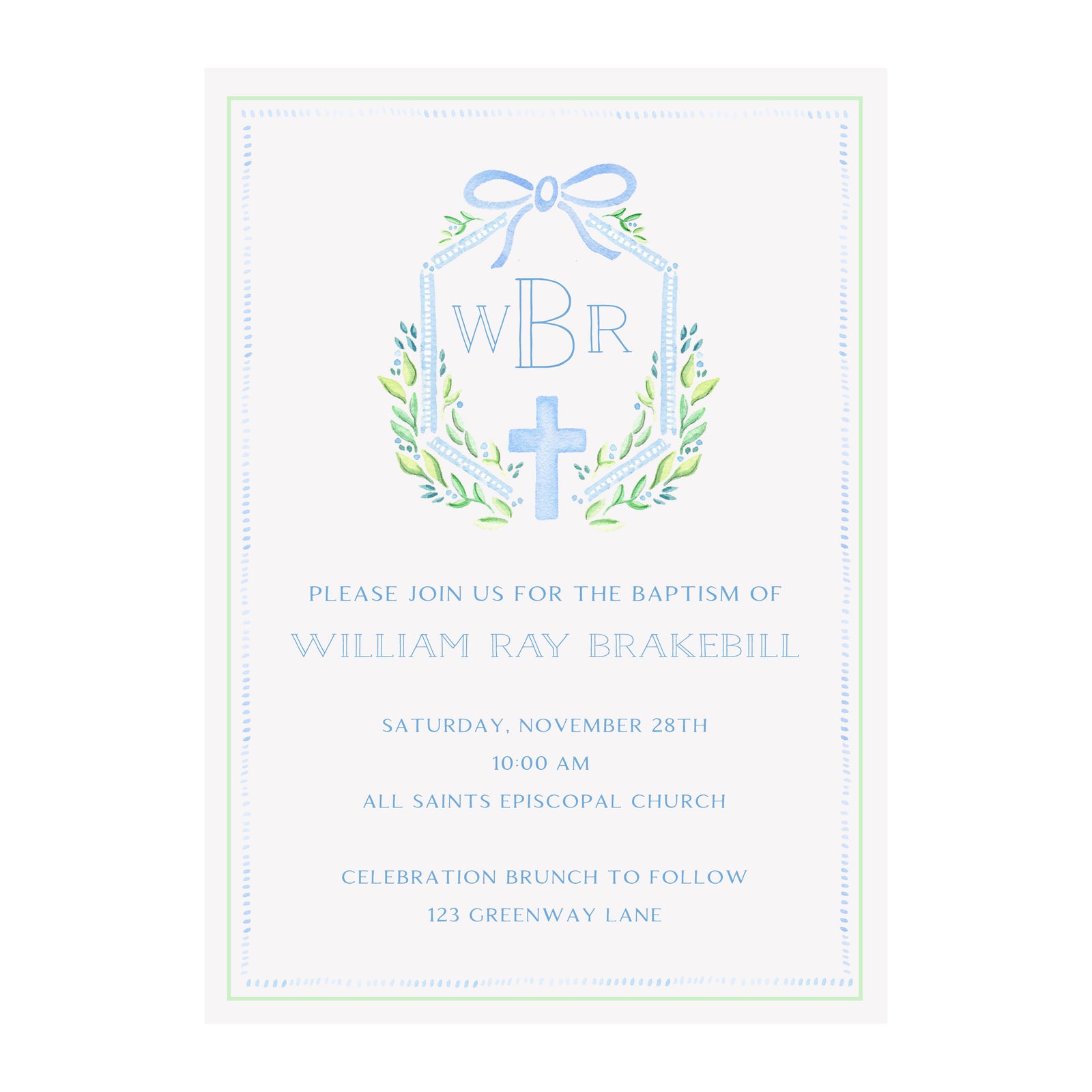 Christening Baptism Communion Cross Invitation- Blue