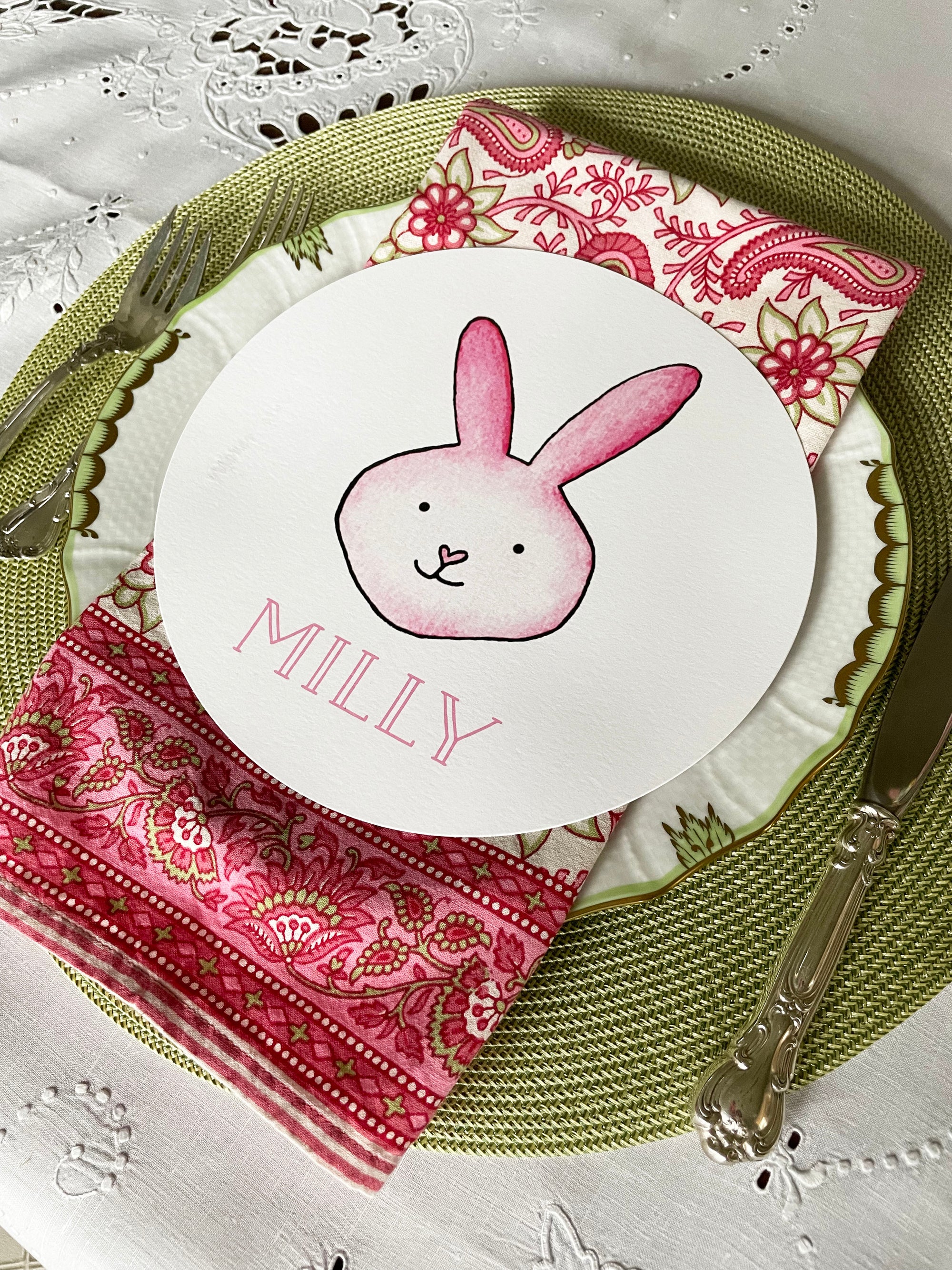 Pastel Bunny Personalized Circular Easter Placecards- PINK
