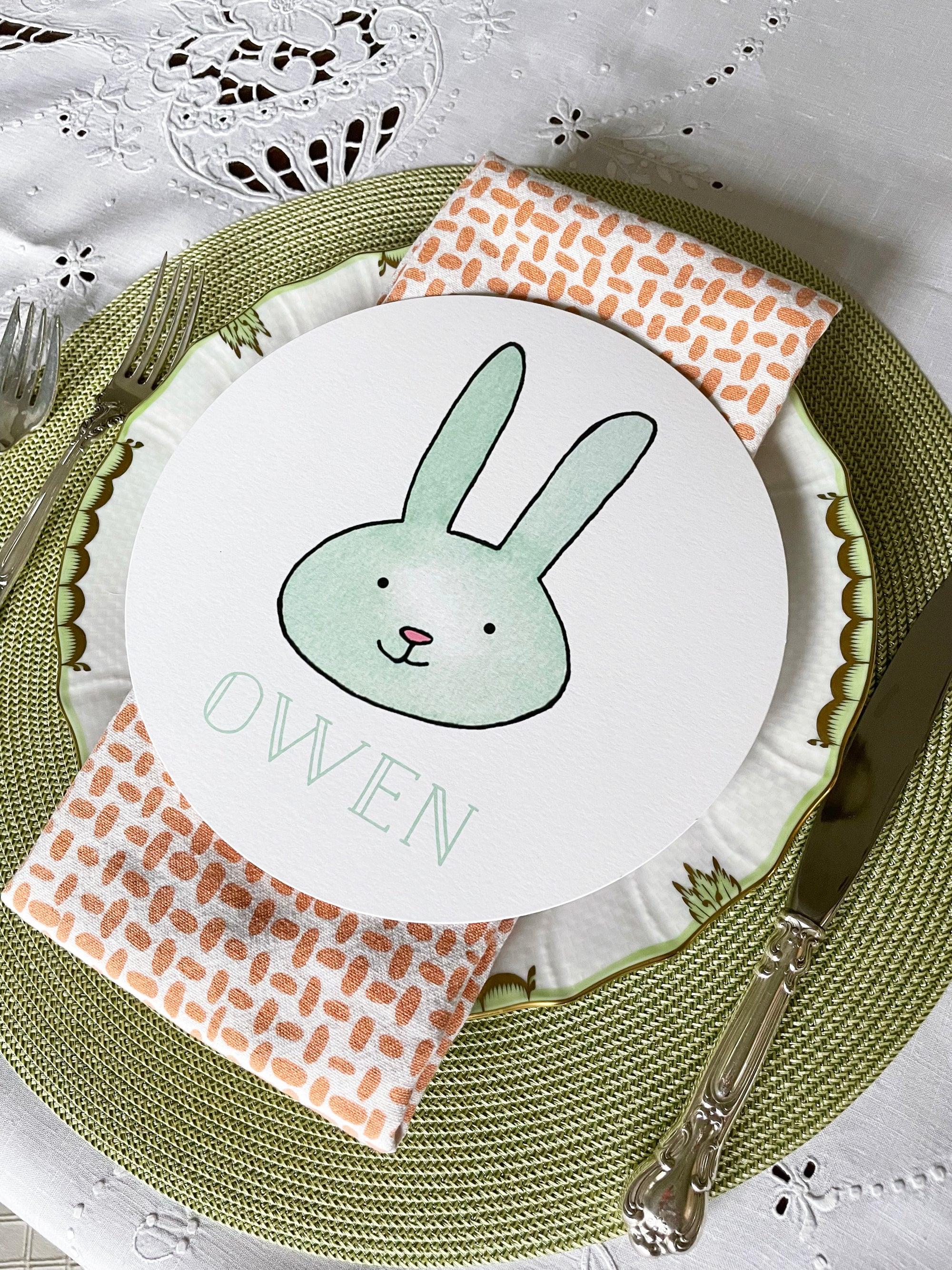 Pastel Bunny Personalized Circular Easter Placecards- YELLOW
