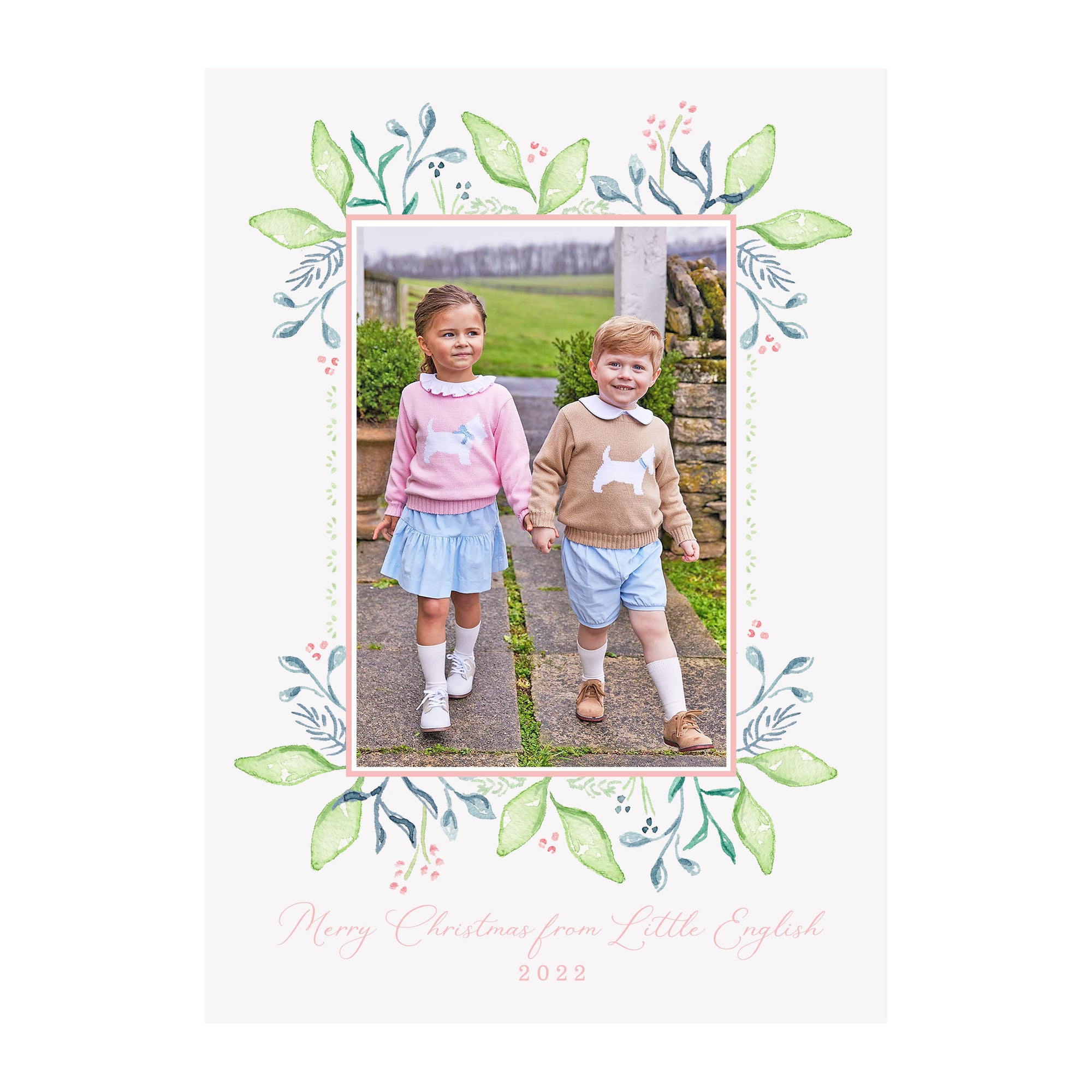 Pine Garland Holiday Photo Cards- Pink