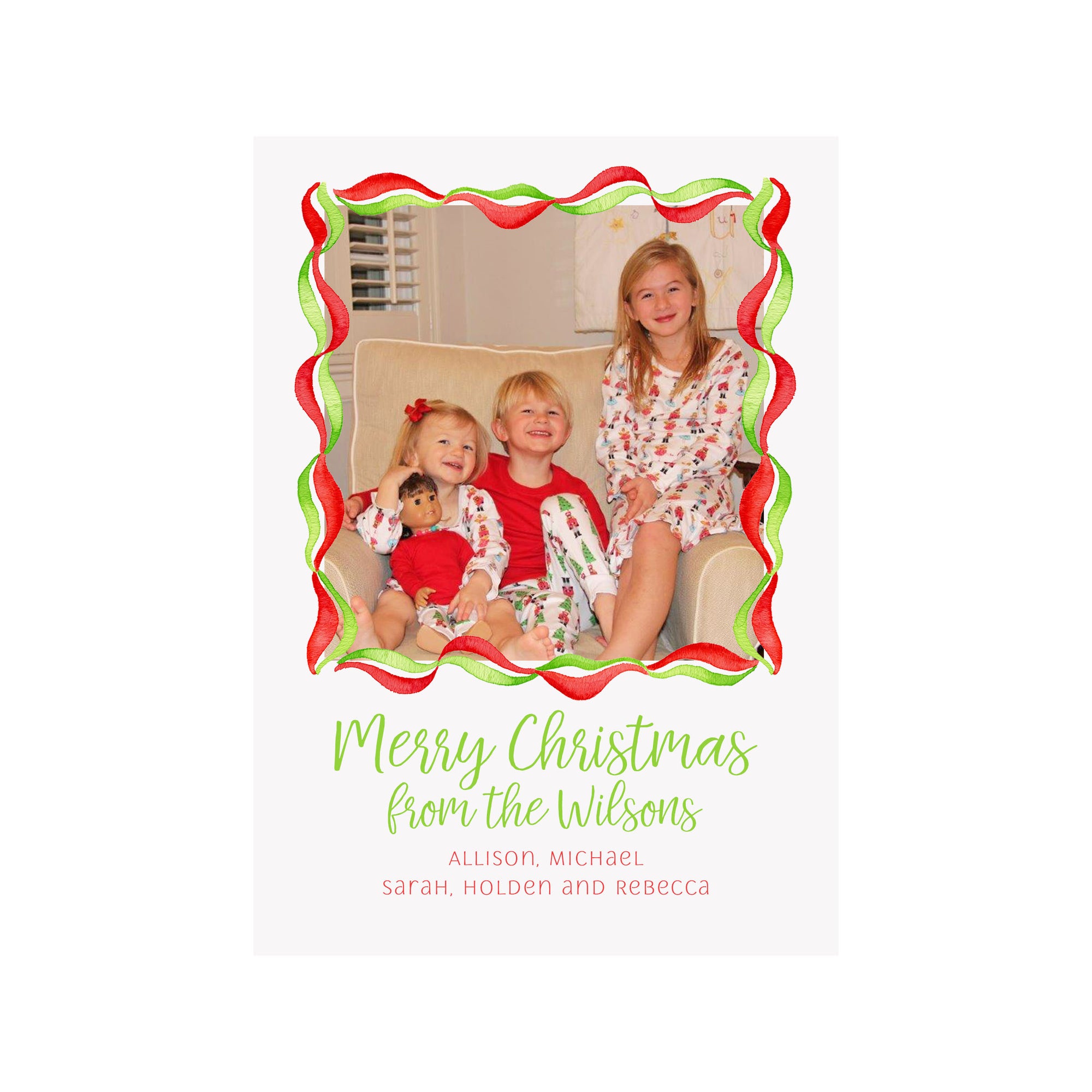 Ribbon Swirl Holiday Photo Cards- Red Green